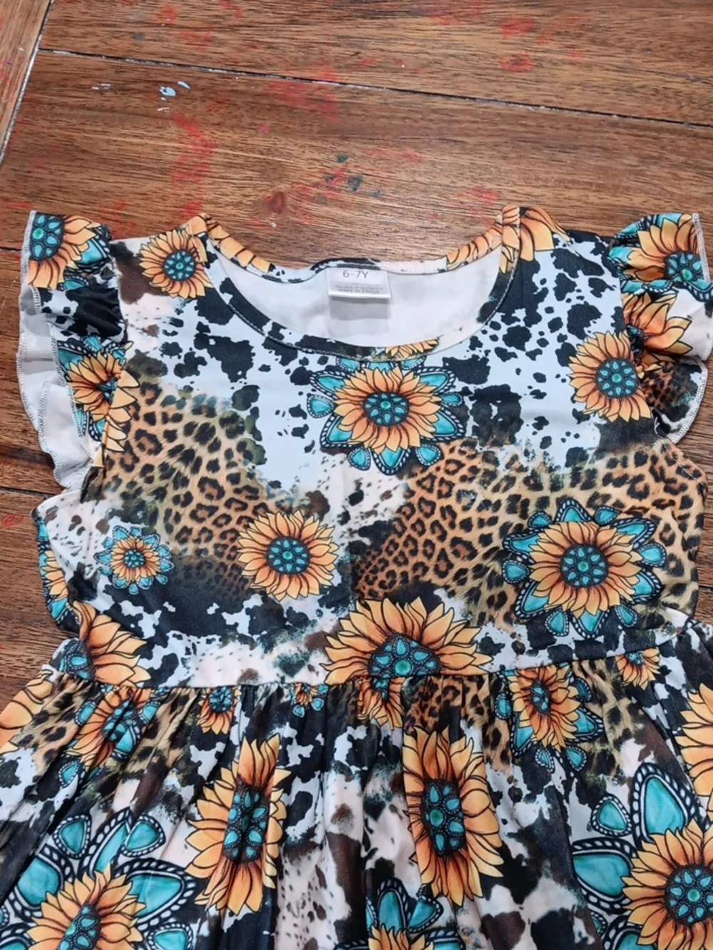 Girls' Sunflower & Leopard Print Dress - Yellow Turquoise